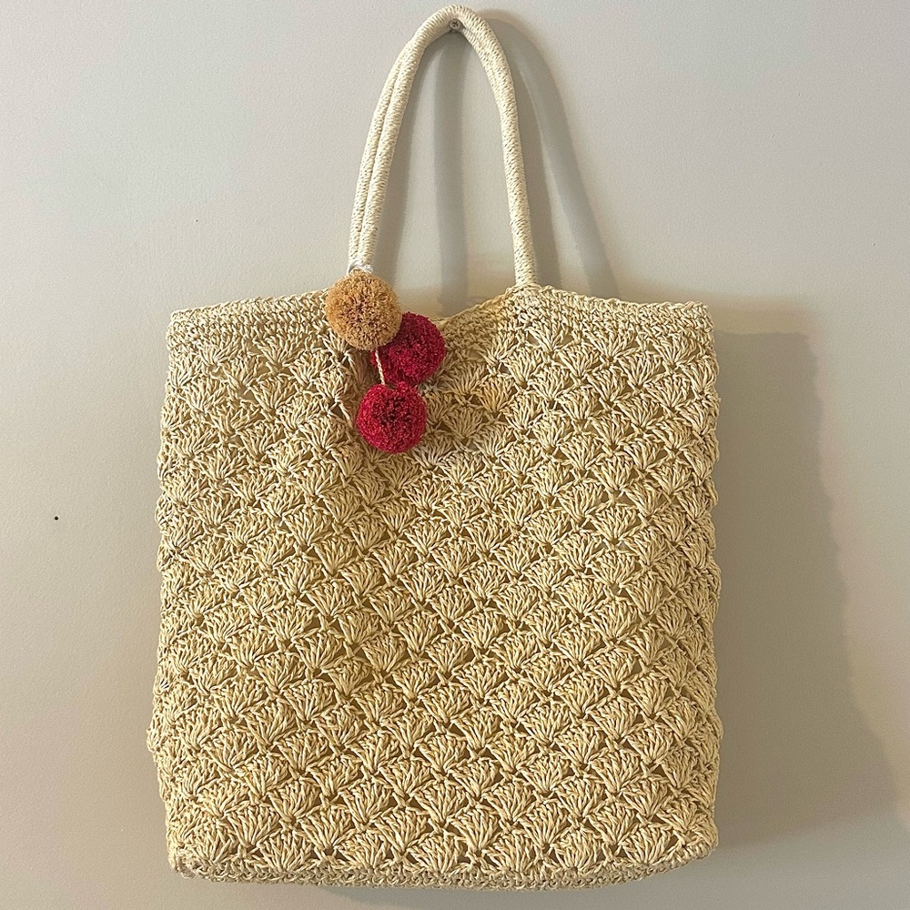 Haute Hippie Straw Woven Tote Bag with Pom Detail – Large Summer Beach Bag
